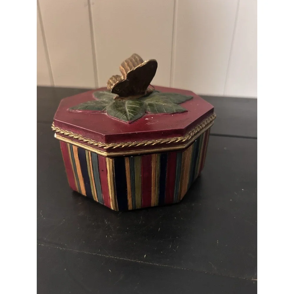Decorative Hand Painted Butterfly Trinket Box Red Multicolor Striped Gold Trim